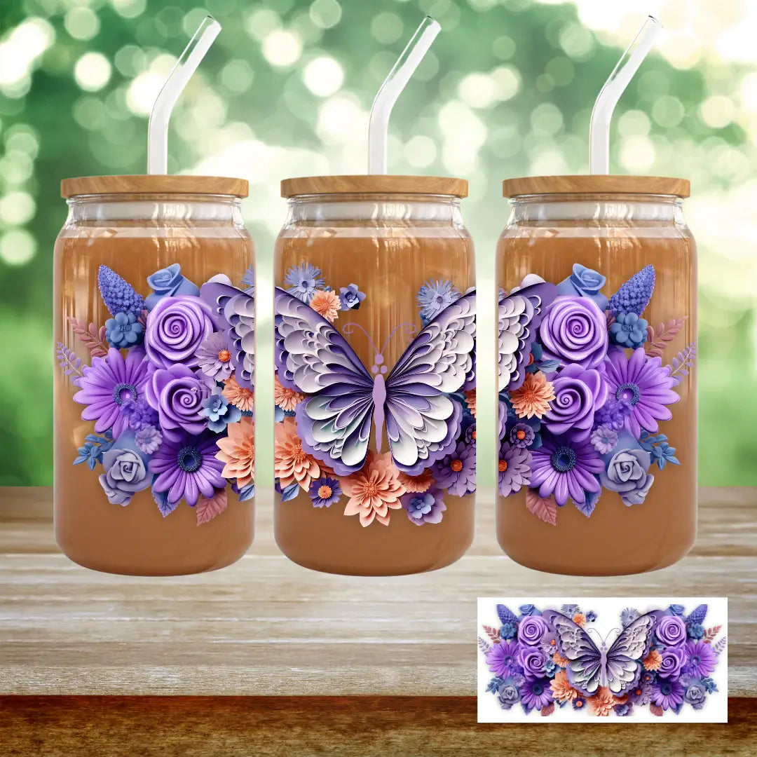 Purple Butterfly 3D Effect Glass Cup - 16oz Clear